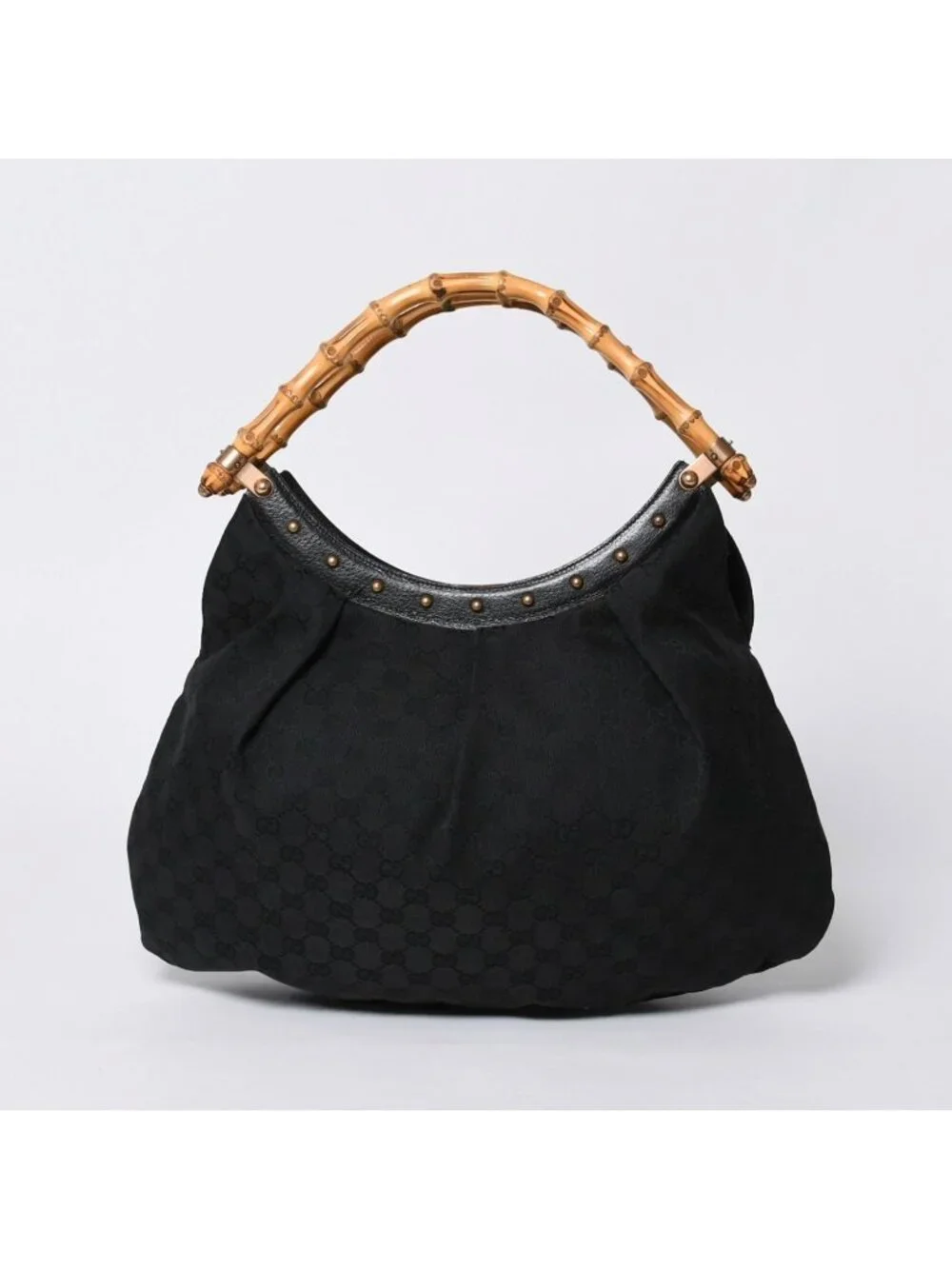 Gucci Bamboo Hand Bag Leather GG Canvas Black Brown